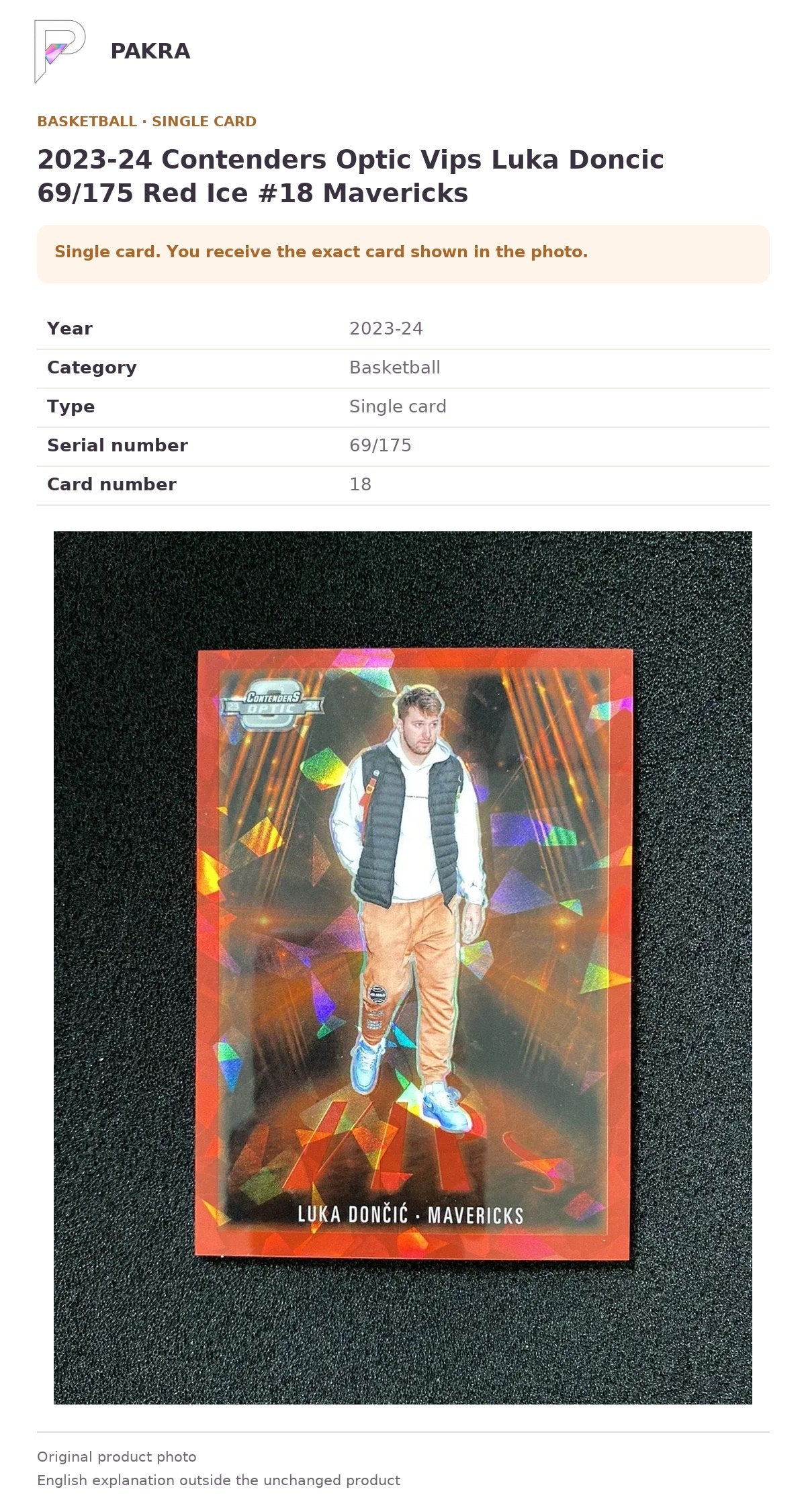 Item details and original photo for 2023-24 Contenders Optic Vips Luka Doncic 69/175 Red Ice #18 Mavericks.
