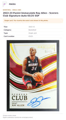 Item details and original photo for 2022-23 Panini Immaculate Ray Allen - Scorers Club Signature Auto 03/25 SSP.