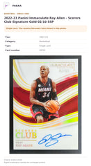 Item details and original photo for 2022-23 Panini Immaculate Ray Allen - Scorers Club Signature Gold 02/10 SSP.