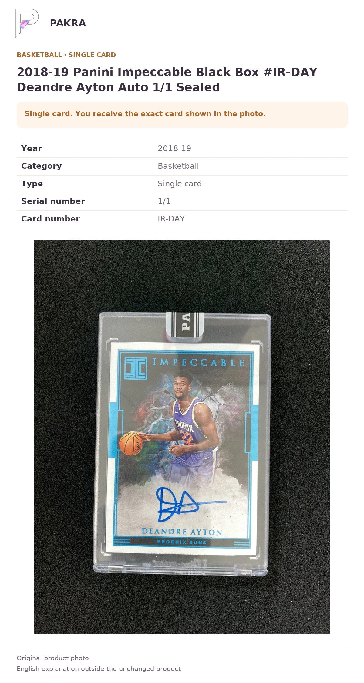 Item details and original photo for 2018-19 Panini Impeccable Black Box #IR-DAY Deandre Ayton Auto 1/1 Sealed.