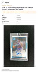 Item details and original photo for 2018-19 Panini Impeccable Black Box #IR-DAY Deandre Ayton Auto 1/1 Sealed.