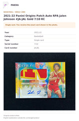 Item details and original photo for 2021-22 Panini Origins Patch Auto RPA Jalen Johnson #JA-JAL Gold 7/10 RC.