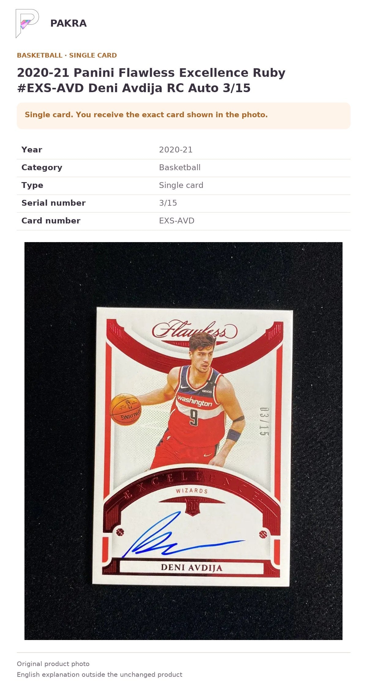 Item details and original photo for 2020-21 Panini Flawless Excellence Ruby #EXS-AVD Deni Avdija RC Auto 3/15.