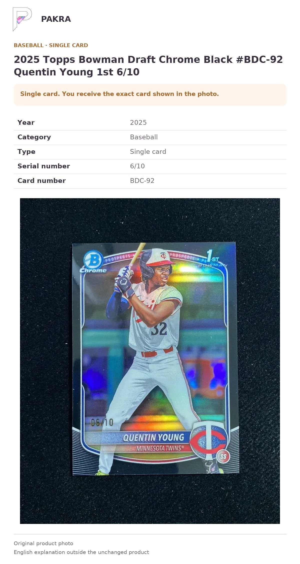 Item details and original photo for 2025 Topps Bowman Draft Chrome Black #BDC-92 Quentin Young 1st 6/10.