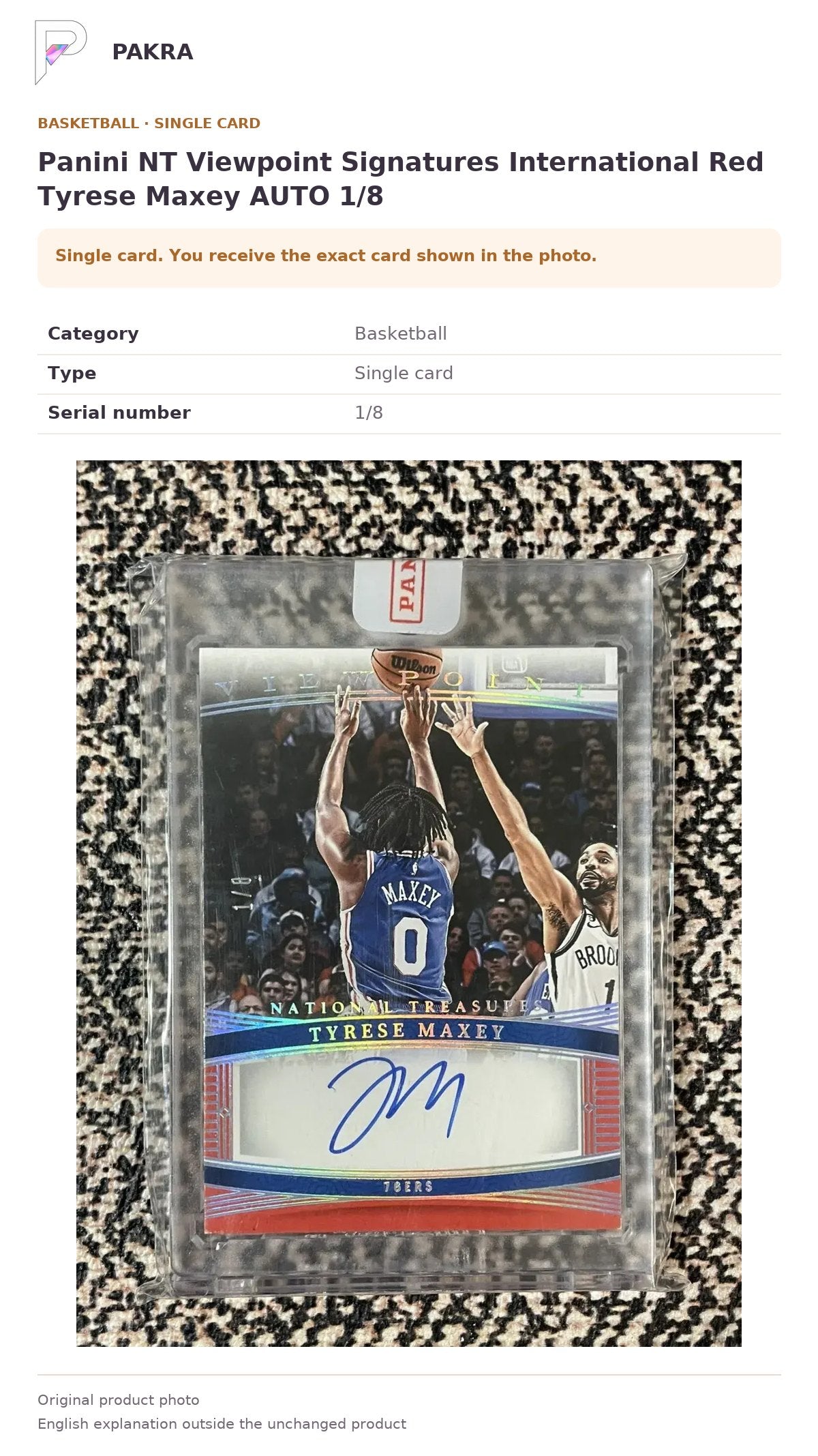 Item details and original photo for Panini NT Viewpoint Signatures International Red Tyrese Maxey AUTO 1/8.