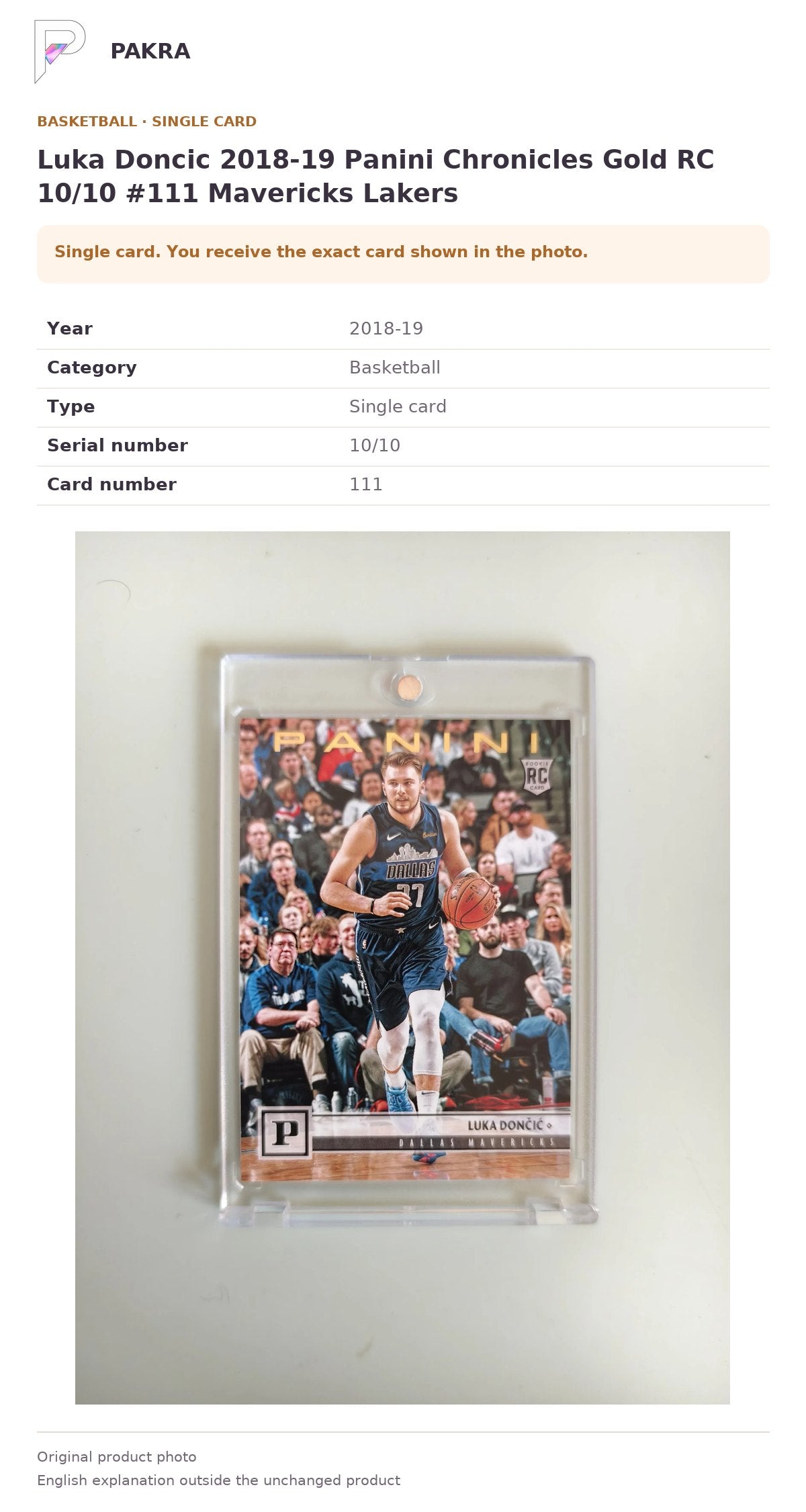 Item details and original photo for Luka Doncic 2018-19 Panini Chronicles Gold RC 10/10 #111 Mavericks Lakers.