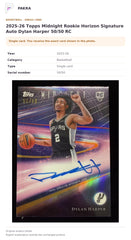 Item details and original photo for 2025-26 Topps Midnight Rookie Horizon Signature Auto Dylan Harper 50/50 RC.