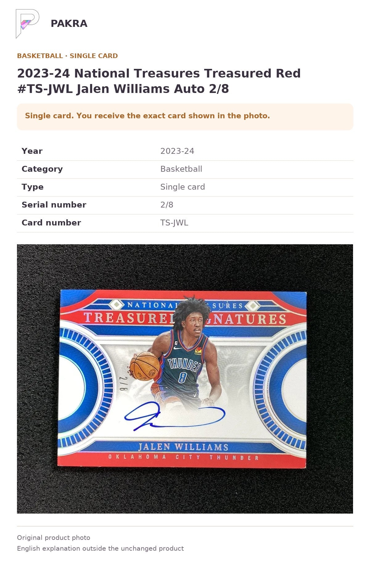 Item details and original photo for 2023-24 National Treasures Treasured Red #TS-JWL Jalen Williams Auto 2/8.