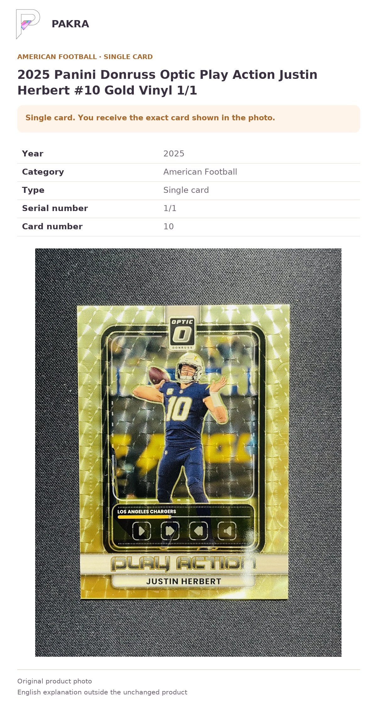 Item details and original photo for 2025 Panini Donruss Optic Play Action Justin Herbert #10 Gold Vinyl 1/1.