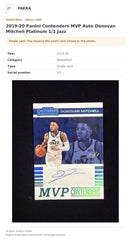 Item details and original photo for 2019-20 Panini Contenders MVP Auto Donovan Mitchell Platinum 1/1 Jazz.