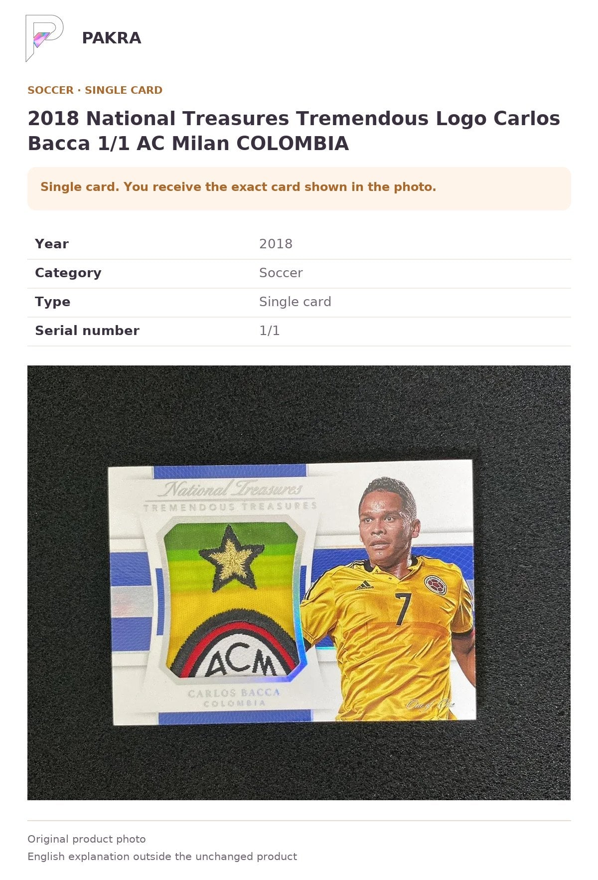 Item details and original photo for 2018 National Treasures Tremendous Logo Carlos Bacca 1/1 AC Milan COLOMBIA.