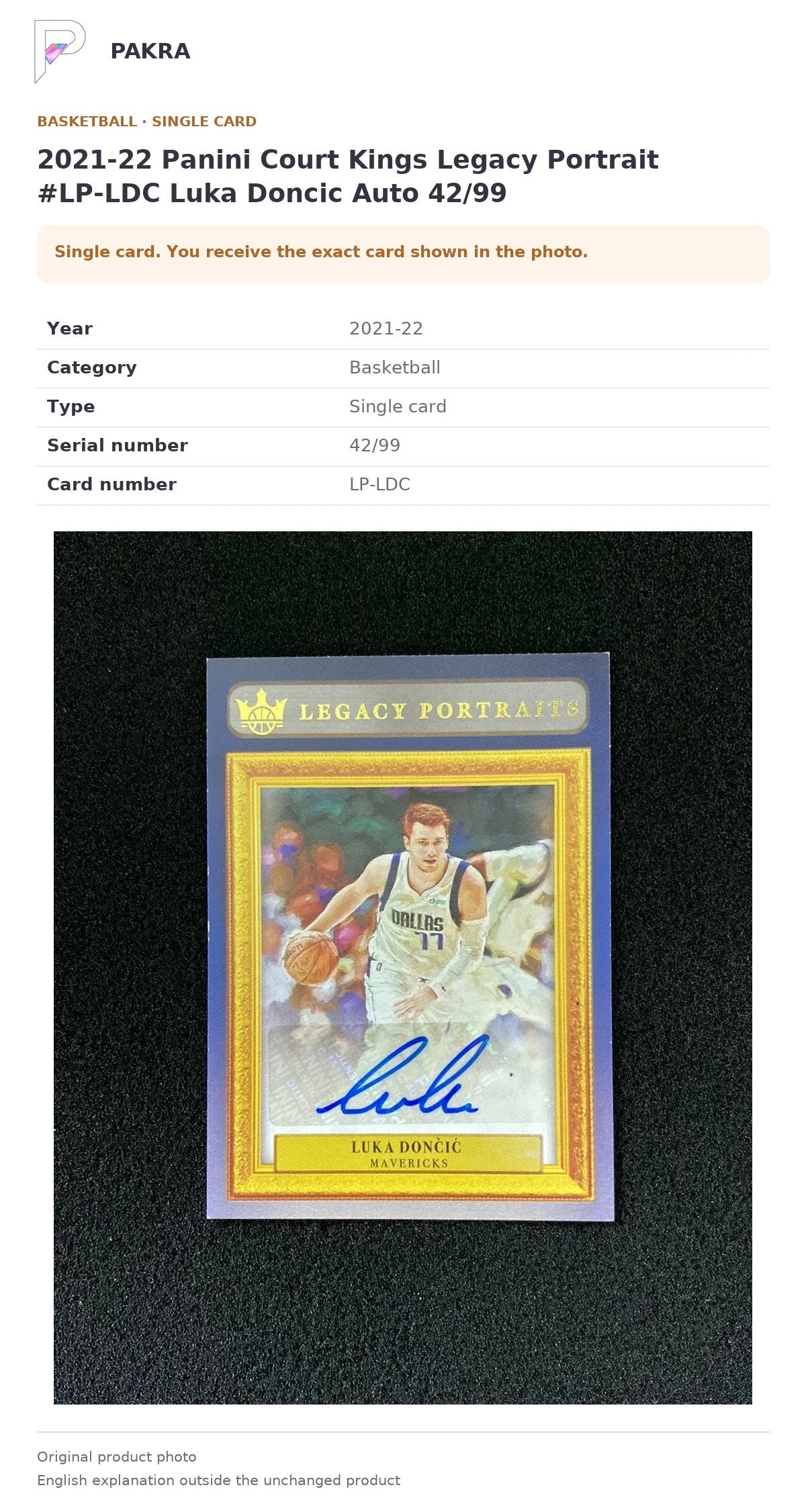 Item details and original photo for 2021-22 Panini Court Kings Legacy Portrait #LP-LDC Luka Doncic Auto 42/99.