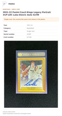 Item details and original photo for 2021-22 Panini Court Kings Legacy Portrait #LP-LDC Luka Doncic Auto 42/99.