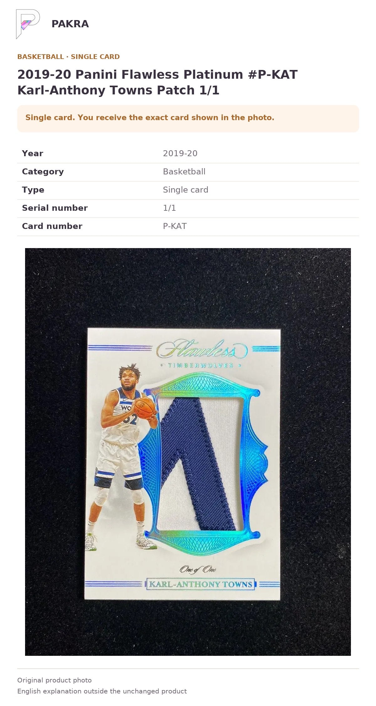 Item details and original photo for 2019-20 Panini Flawless Platinum #P-KAT Karl-Anthony Towns Patch 1/1.