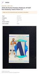 Item details and original photo for 2019-20 Panini Flawless Platinum #P-KAT Karl-Anthony Towns Patch 1/1.