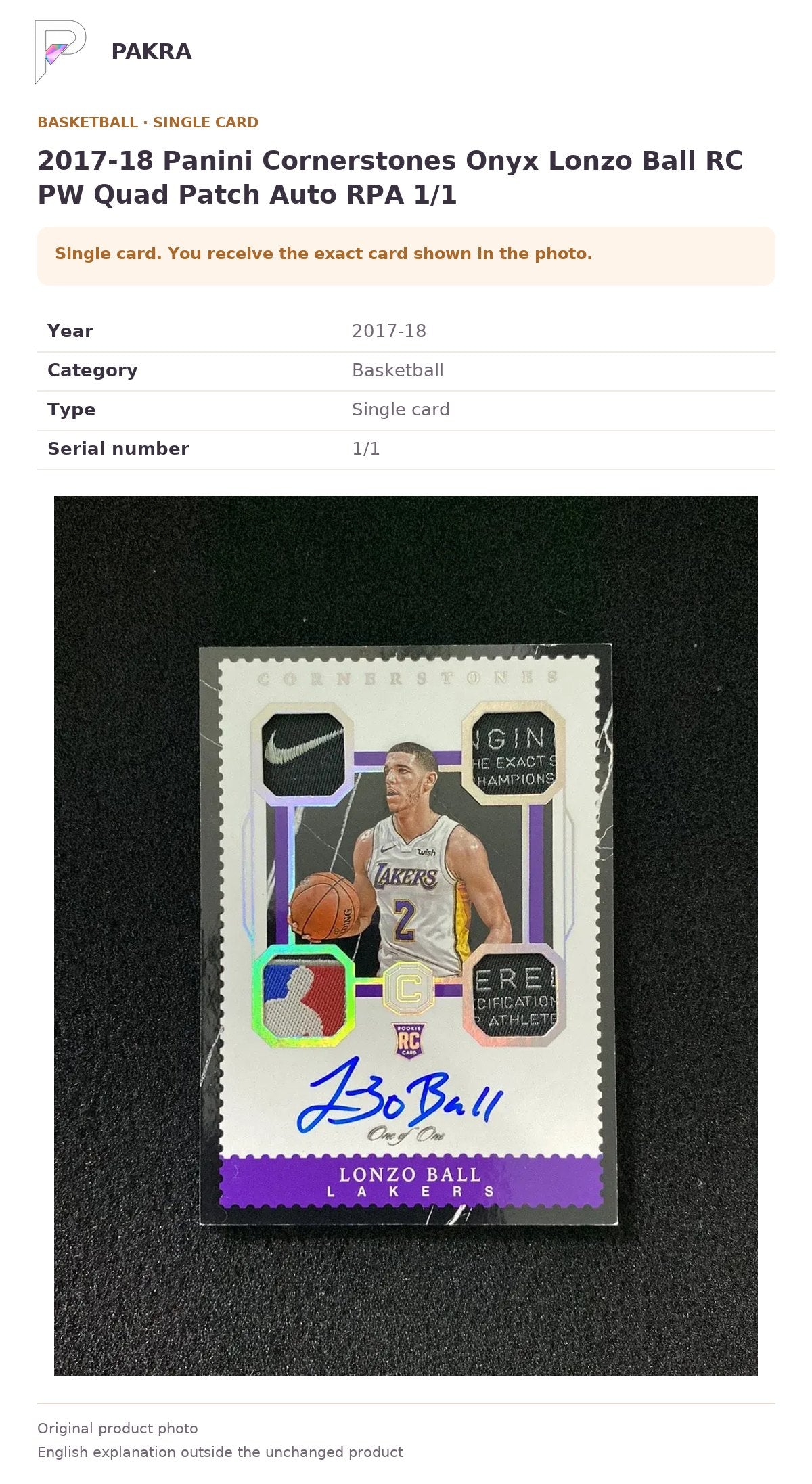 Item details and original photo for 2017-18 Panini Cornerstones Onyx Lonzo Ball RC PW Quad Patch Auto RPA 1/1.