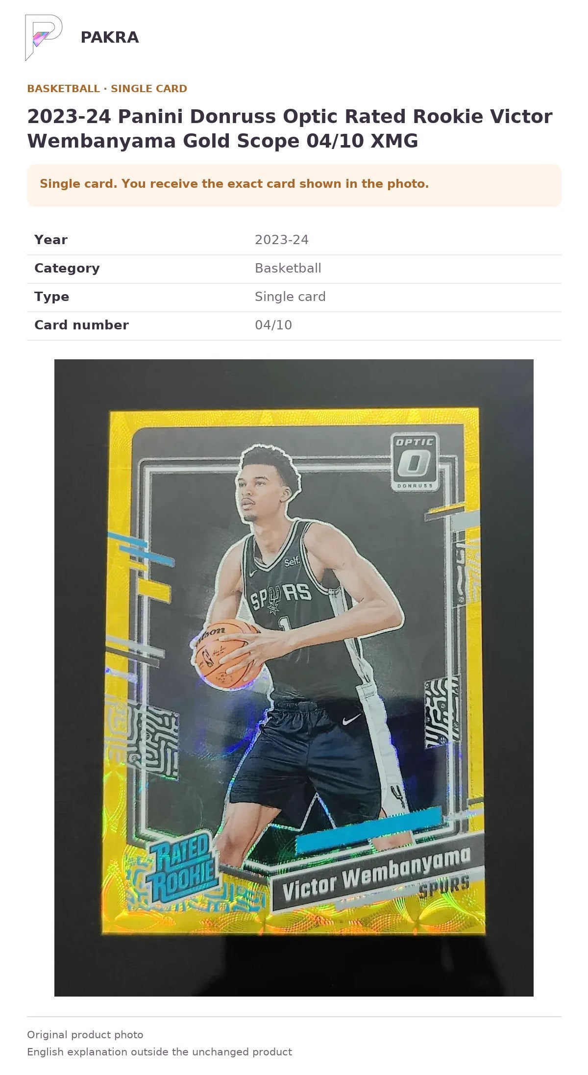 Item details and original photo for 2023-24 Panini Donruss Optic Rated Rookie Victor Wembanyama Gold Scope 04/10 XMG.