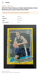 Item details and original photo for 2023-24 Panini Donruss Optic Rated Rookie Victor Wembanyama Gold Scope 04/10 XMG.