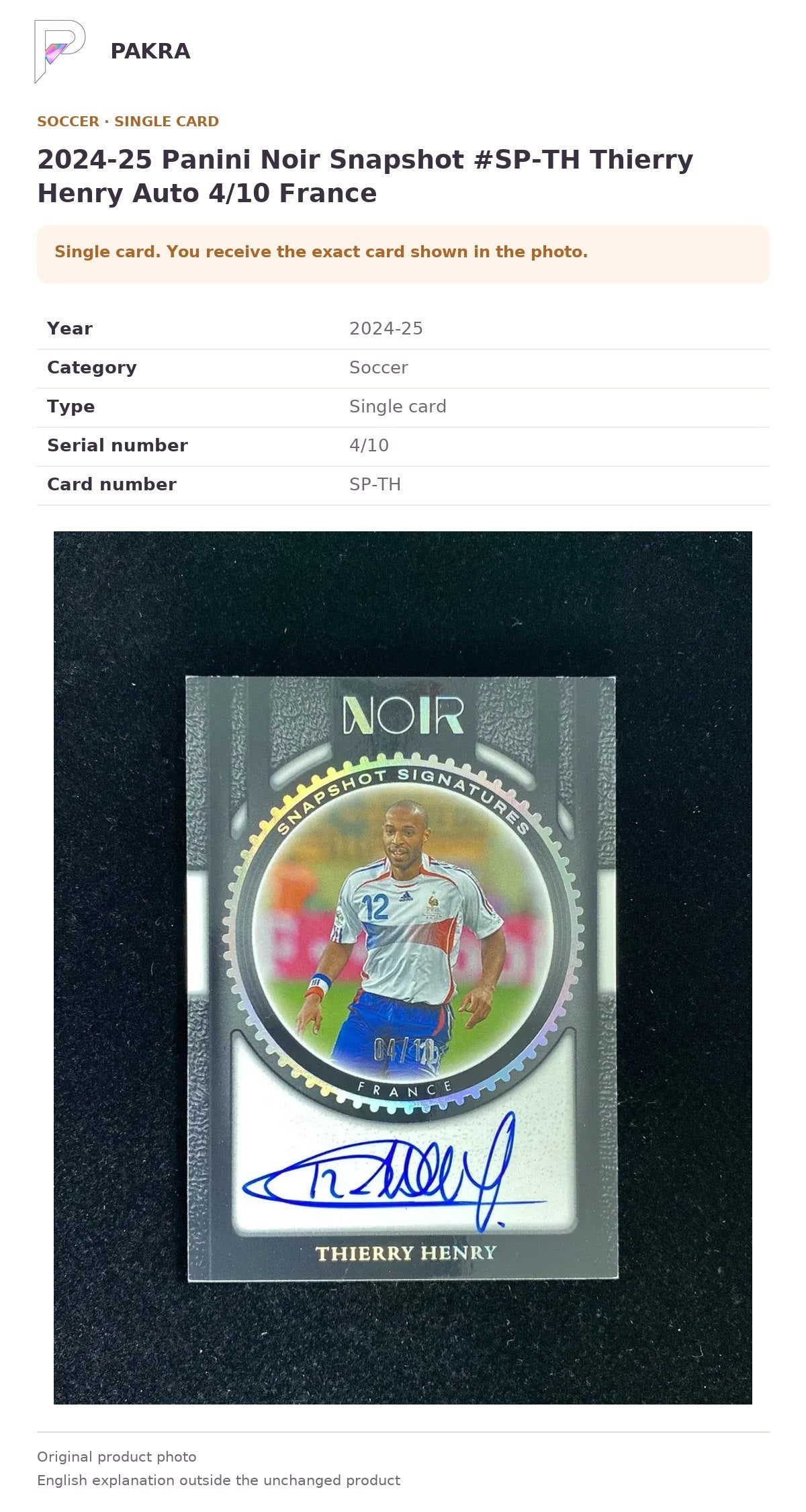 Item details and original photo for 2024-25 Panini Noir Snapshot #SP-TH Thierry Henry Auto 4/10 France.