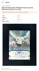 Item details and original photo for 2024-25 Panini Noir Midnight Platinum Javier Mascherano Auto 1/1 messi.