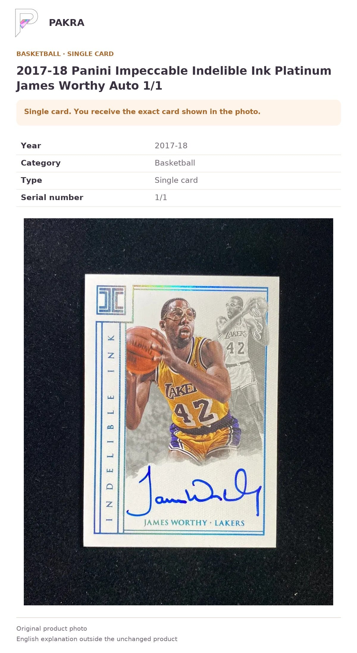 Item details and original photo for 2017-18 Panini Impeccable Indelible Ink Platinum James Worthy Auto 1/1.