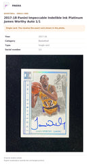 Item details and original photo for 2017-18 Panini Impeccable Indelible Ink Platinum James Worthy Auto 1/1.