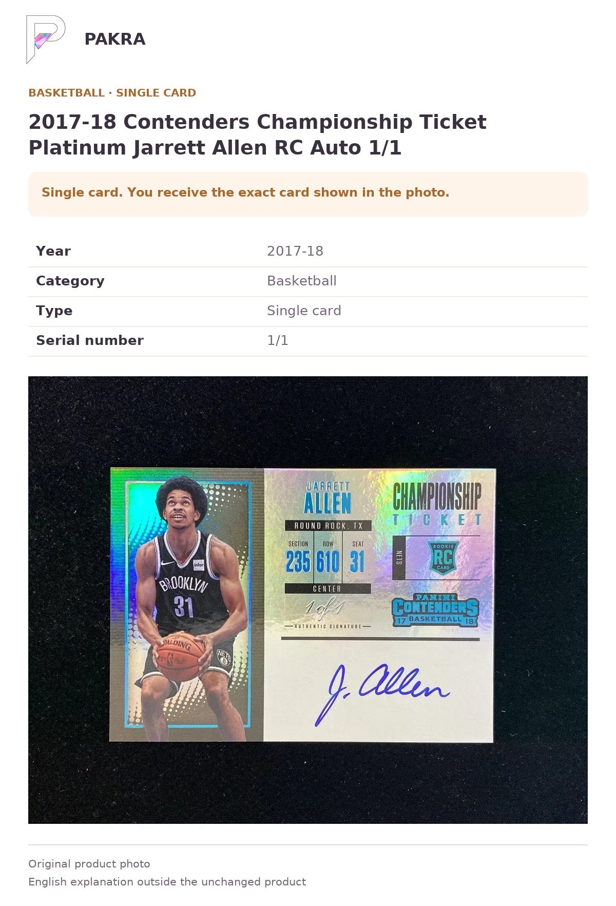 Item details and original photo for 2017-18 Contenders Championship Ticket Platinum Jarrett Allen RC Auto 1/1.