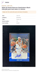 Item details and original photo for 2024-25 Panini Donruss Dominators Black #DA-JHK Josh Hart Auto 1/1 Knicks.