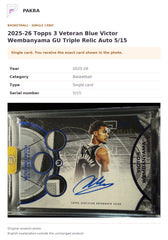 Item details and original photo for 2025-26 Topps 3 Veteran Blue Victor Wembanyama GU Triple Relic Auto 5/15.
