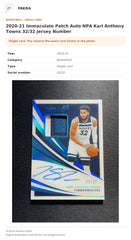 Item details and original photo for 2020-21 Immaculate Patch Auto NPA Karl Anthony Towns 32/32 Jersey Number.