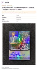 Item details and original photo for 2014 Panini Gala Award Winning Auto Coach Of Year Avery Johnson 1/1 black.