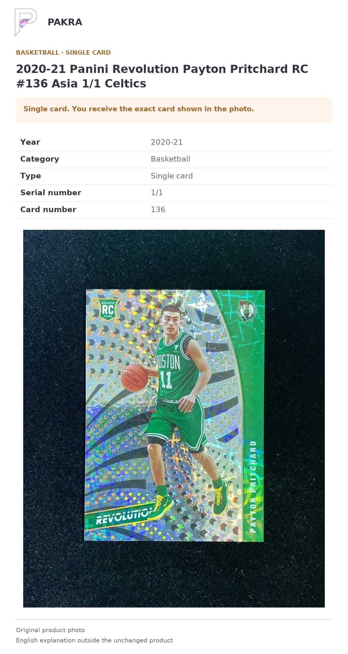 Item details and original photo for 2020-21 Panini Revolution Payton Pritchard RC #136 Asia 1/1 Celtics.