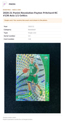 Item details and original photo for 2020-21 Panini Revolution Payton Pritchard RC #136 Asia 1/1 Celtics.