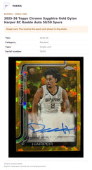 Item details and original photo for 2025-26 Topps Chrome Sapphire Gold Dylan Harper RC Rookie Auto 50/50 Spurs.