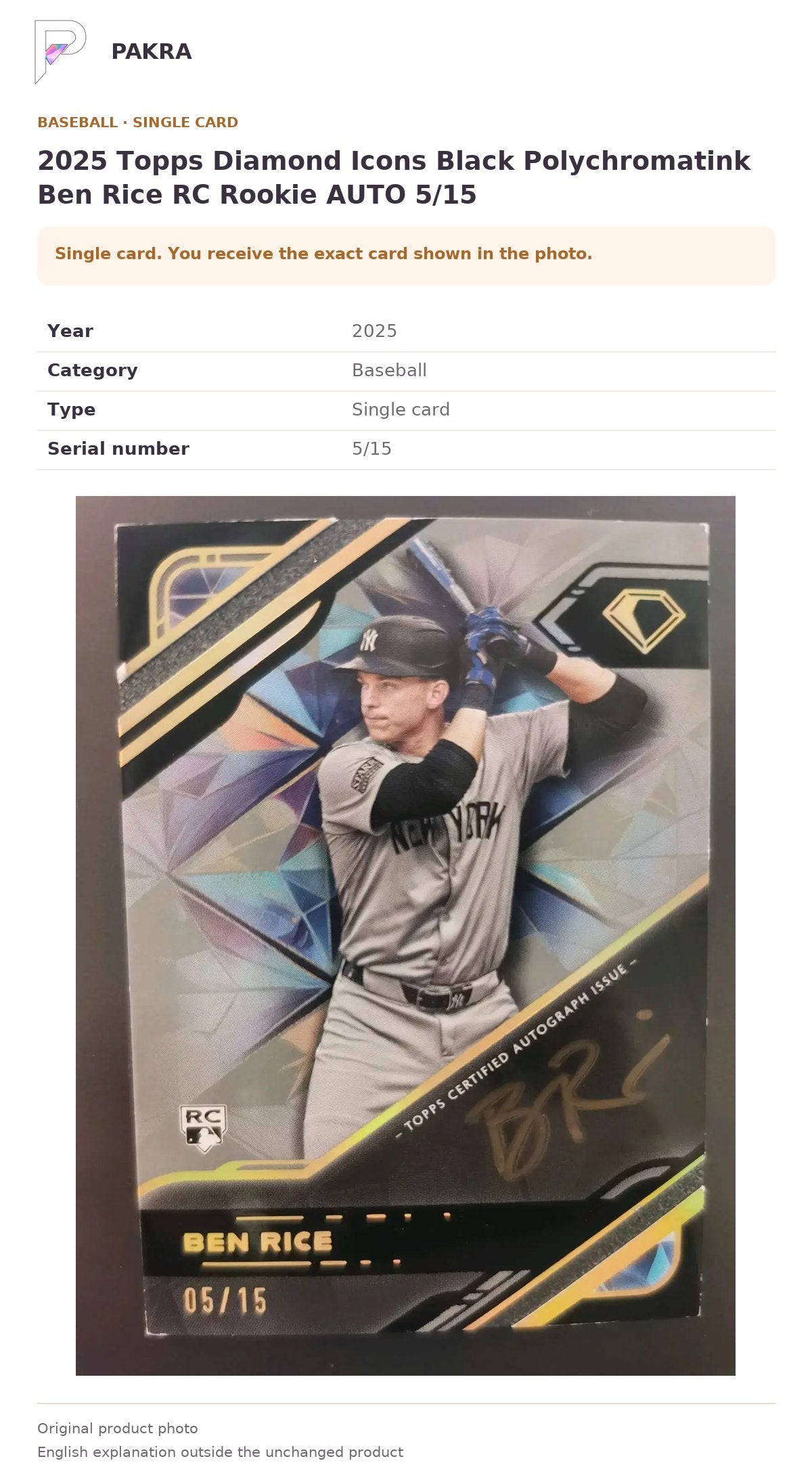 Item details and original photo for 2025 Topps Diamond Icons Black Polychromatink Ben Rice RC Rookie AUTO 5/15.