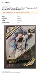 Item details and original photo for 2025 Topps Diamond Icons Black Polychromatink Ben Rice RC Rookie AUTO 5/15.