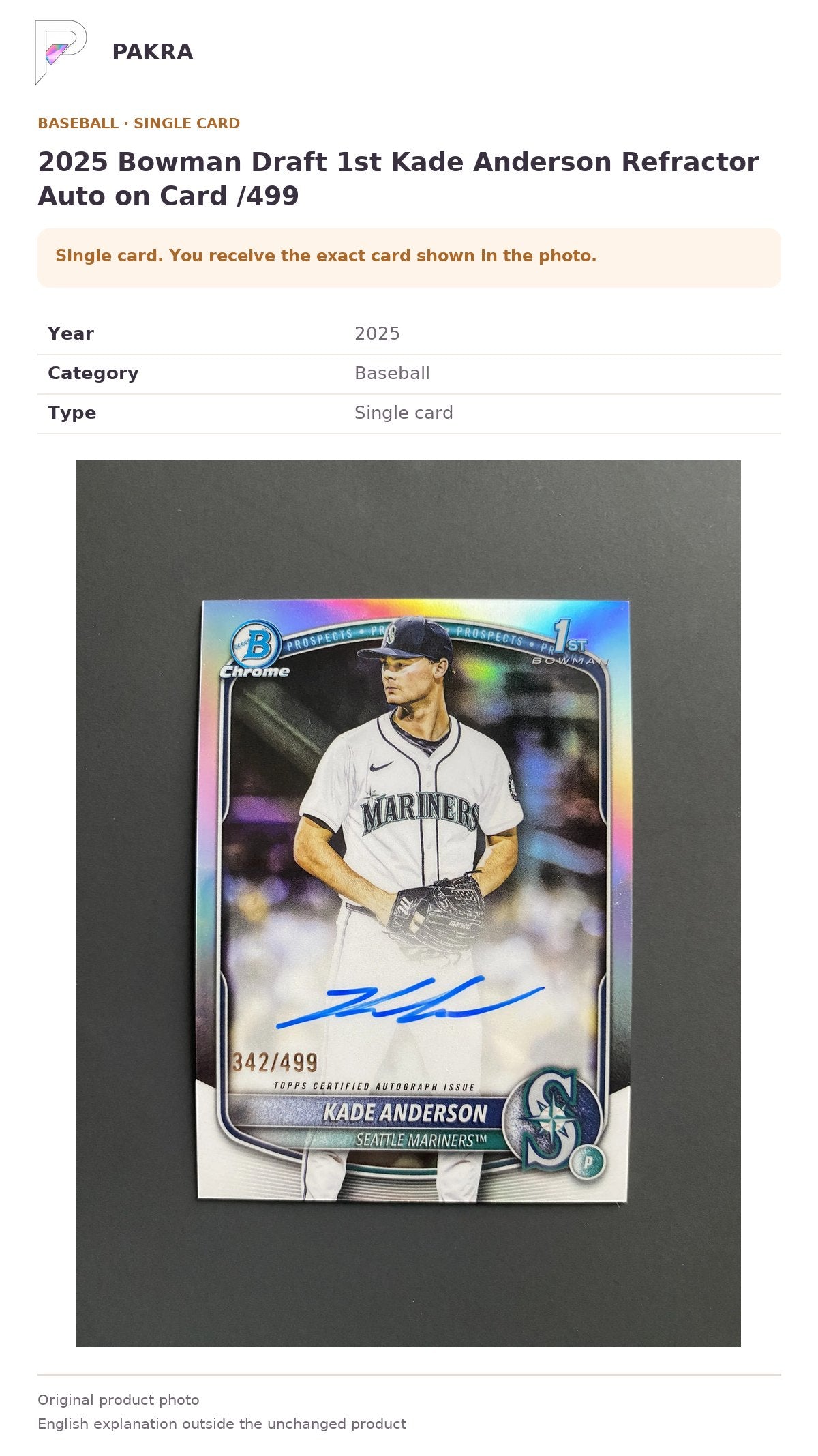Item details and original photo for 2025 Bowman Draft 1st Kade Anderson Refractor Auto on Card /499.