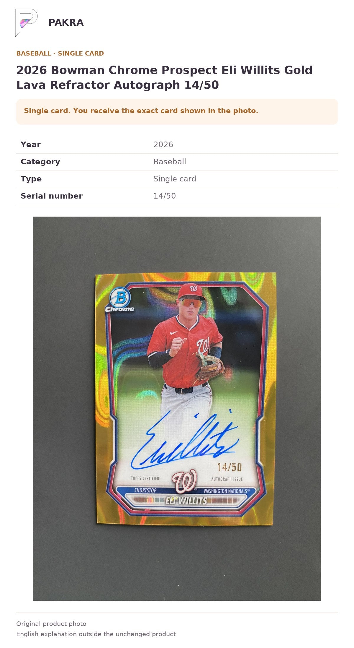 Item details and original photo for 2026 Bowman Chrome Prospect Eli Willits Gold Lava Refractor Autograph 14/50.