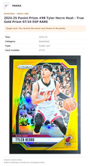 Item details and original photo for 2024-25 Panini Prizm #98 Tyler Herro Heat - True Gold Prizm 07/10 SSP RARE.