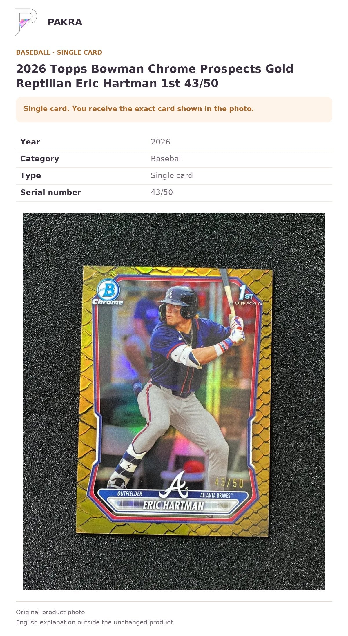 Item details and original photo for 2026 Topps Bowman Chrome Prospects Gold Reptilian Eric Hartman 1st 43/50.