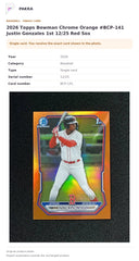 Item details and original photo for 2026 Topps Bowman Chrome Orange #BCP-141 Justin Gonzales 1st 12/25 Red Sox.
