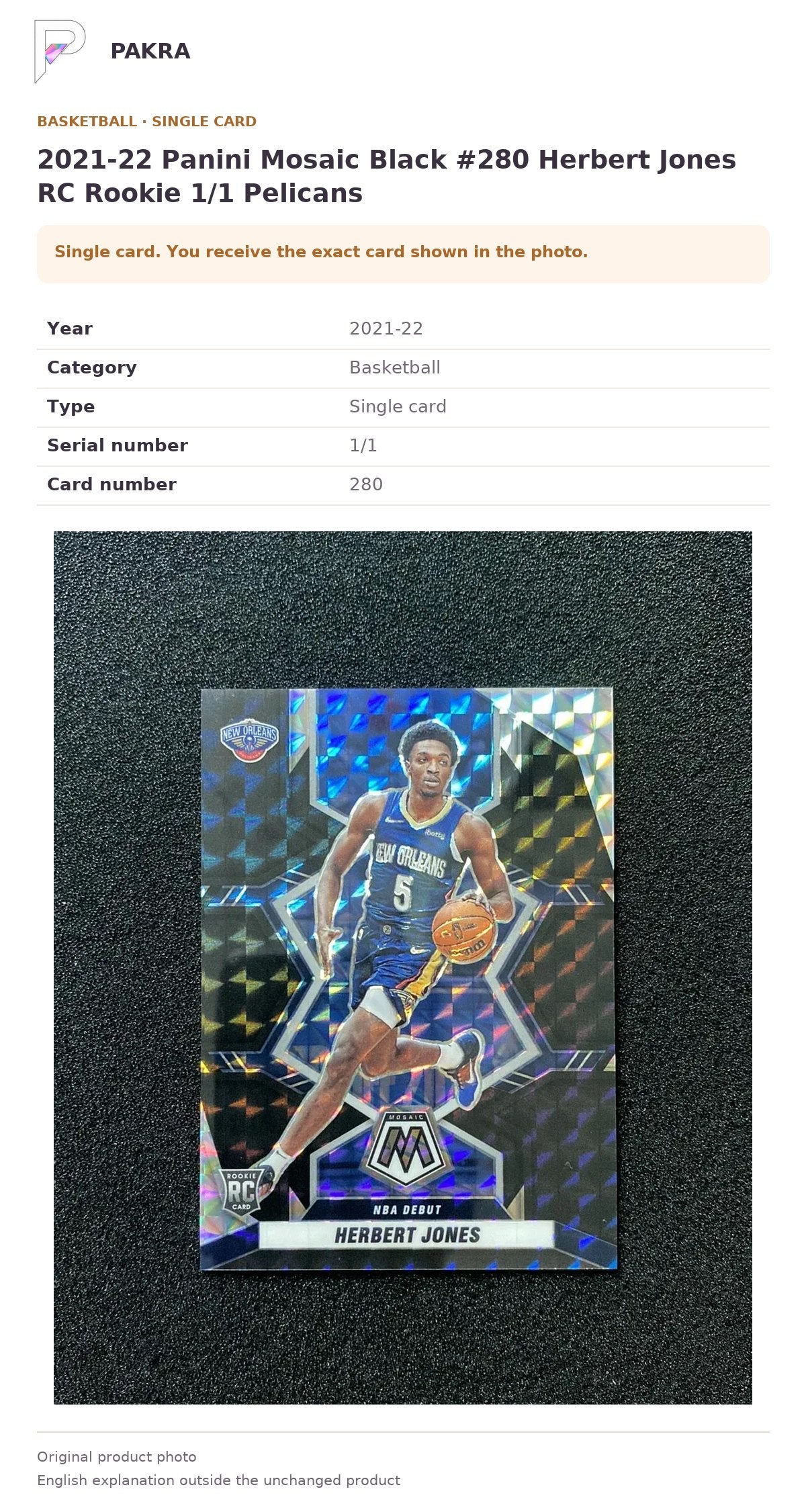 Item details and original photo for 2021-22 Panini Mosaic Black #280 Herbert Jones RC Rookie 1/1 Pelicans.