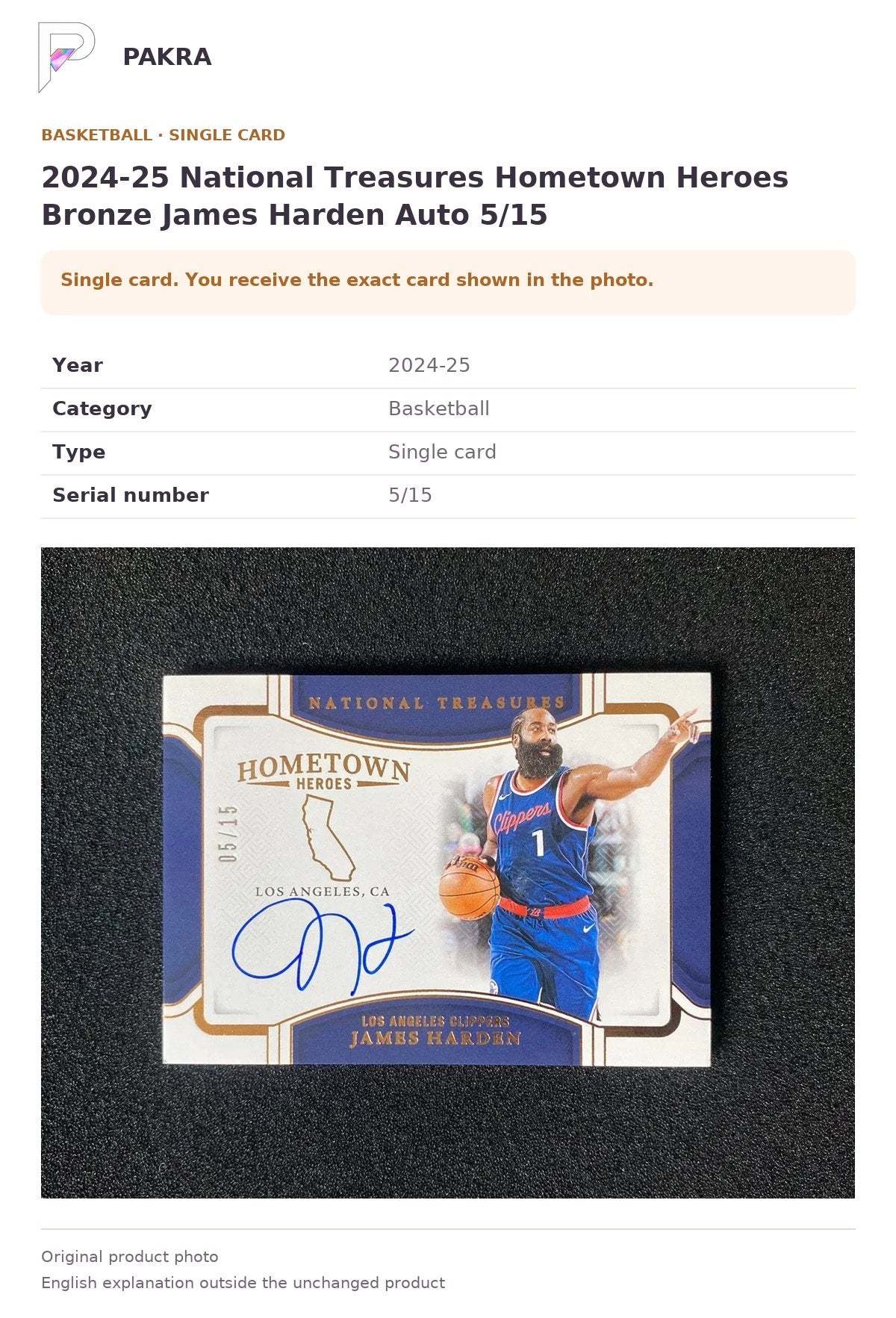 Item details and original photo for 2024-25 National Treasures Hometown Heroes Bronze James Harden Auto 5/15.