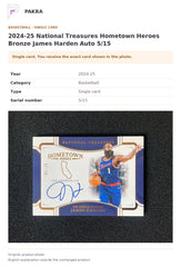 Item details and original photo for 2024-25 National Treasures Hometown Heroes Bronze James Harden Auto 5/15.