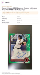 Item details and original photo for Chase Delauter 2022 Bowman Chrome 1st Green Refractor 47/99 Auto Autograph.
