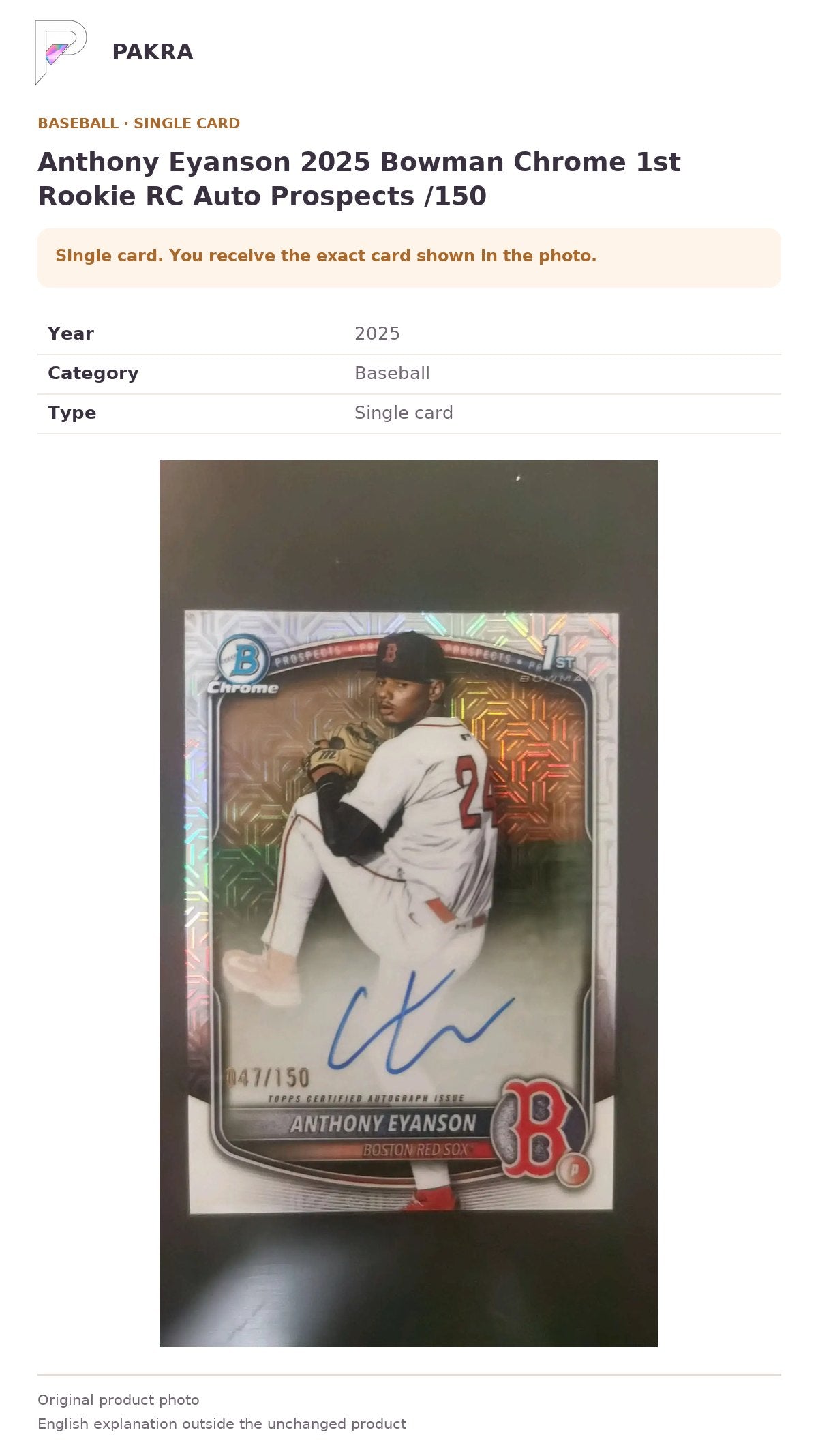Item details and original photo for Anthony Eyanson 2025 Bowman Chrome 1st Rookie RC Auto Prospects /150.