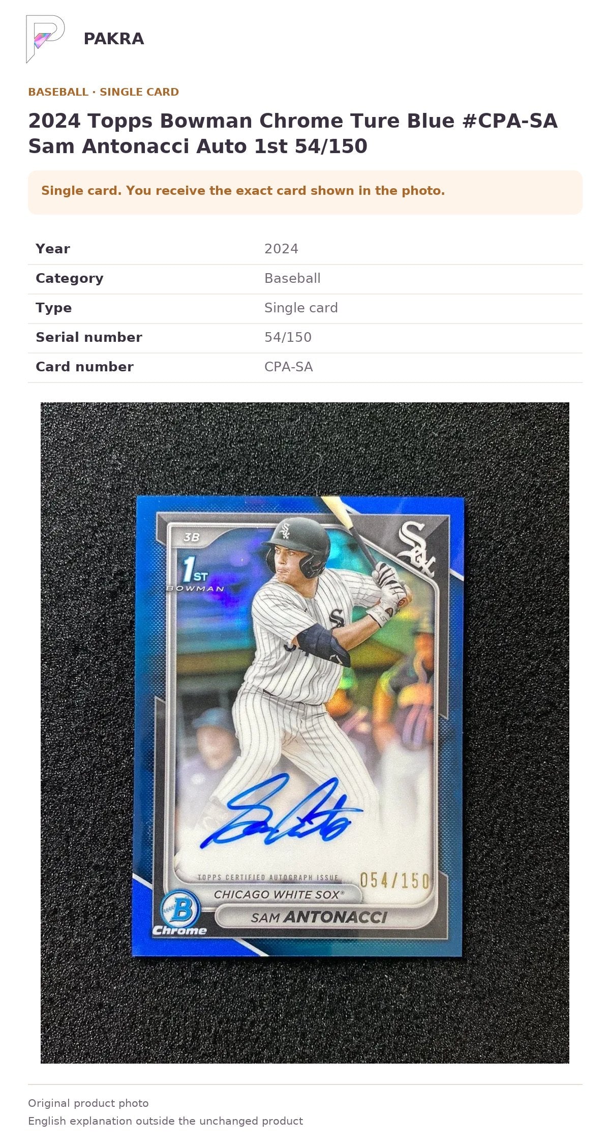 Item details and original photo for 2024 Topps Bowman Chrome Ture Blue #CPA-SA Sam Antonacci Auto 1st 54/150.