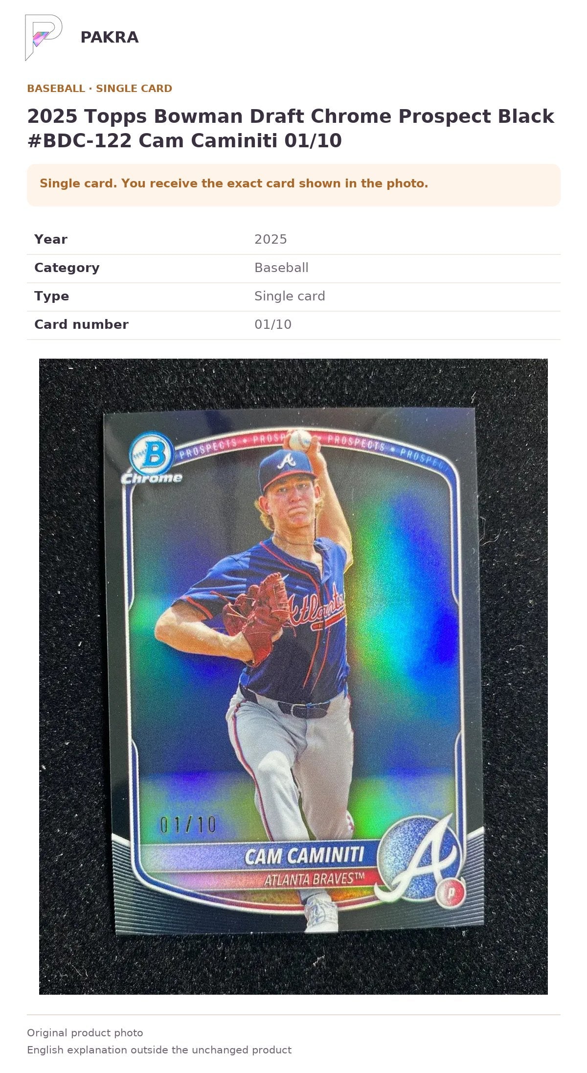 Item details and original photo for 2025 Topps Bowman Draft Chrome Prospect Black #BDC-122 Cam Caminiti 01/10.