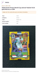 Item details and original photo for 2026 Panini Prizm World Cup Achraf Hakimi 9/10 gold Morocco #299.