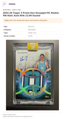 Item details and original photo for 2025-26 Topps 3 Prime Kon Knueppel RC Rookie PW Relic Auto RPA 21/49 Sealed.